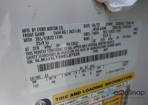 2022 Lincoln Navigator Reserve L из США, поврежденный, VIN 5LMJJ3LT3NEL07528